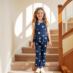 ชุดเสื้อผ้าเด็กผู้หญิงฤดูร้อนปี 2026 เสื้อคอกลมแขนกุดลายดอกเดซี่ กางเกงยีนส์ขายาว ชุดสองชิ้น ชุดเสื้อผ้าเด็กผู้หญิง 3-7 ปี - Product Image 1