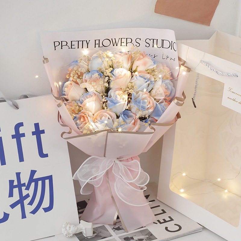 Sac cadeau ciel étoilé + 19 roses [montagne de neige rose] avec lumière