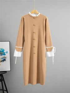 Nuevo Vestido Midi de Punto con Bloques de Color en Contraste, Cuello Alto y Manga Larga de Poliéster, Elegante, Estilizador y de Secado Rápido para Otoño - Product Image 1