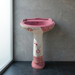 Vinus Aqua Blue Flower Printed Ceramic Wash <b>Basin</b> with Full Pedestal New Model Bathroom - Product Image 3