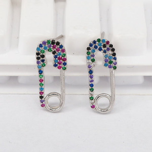 EC1457 Dainty Ladies' Gold Rainbow CZ Micro Pave <strong>Safety</strong> <strong>Pin</strong> <strong>Earrings</strong> , Fashion Diamond <strong>Safety</strong> <strong>Pin</strong> Stud <strong>Earrings</strong> - Product Image 4