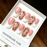 Faux ongles à presser en acrylique français faits main, gaufrés, rose nude, avec cadre métallique et perles, forme carrée moyenne, pour salon de beauté, vente en gros