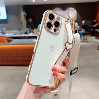 Étui de téléphone antichoc souple avec cordon bandoulière et dragonne motif cœur pour iPhone 16 15 14 13 12 11 Pro Max X XS XR Plus