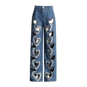 Nouvelle Collection – Jean Décontracté Tendance pour Femme – Taille Haute Ample avec Découpes Imprimées Cœur – Pantalon Large - Product Image 1