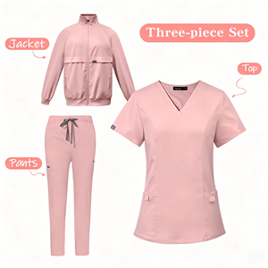 Ensemble de tenue médicale trois pièces en gros avec veste zippée, haut et pantalon pour le personnel médical (médecins et infirmières) - Product Image 1