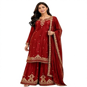 Salwar Kameez indien traditionnel rouge avec broderie dorée, longueur au sol, tenue de mariage pour femmes, polyester, coupe classique, toutes saisons - Product Image 1