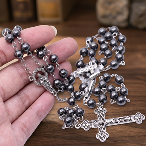 Collar de Rosario con Cuentas de Calcedonia Negra, Colgante Geométrico Vintage con Cruz, Joyería Unisex, Accesorio de Moda, Origen Yiwu RN-404 - Product Image 3