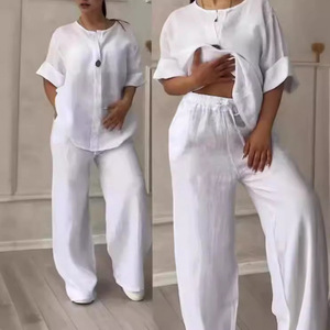 Women's Casual Suit Pink <b>Linen</b> Wide Leg Pants <b>Set</b> Loose Comfortable Artistic Retro Style S M L XL 2XL 3XL 4XL 5XL - Product Image 2