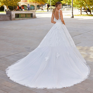 Wedding Dress V-Neck Sleeveless Princess Ball Gown Tulle Floor Length Backless Long Robe White - Product Image 2