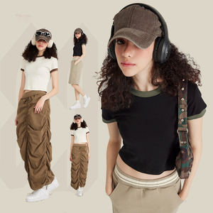 Wholesale Custom Cotton Sexy Casual Acid Wash Retro Embroidery Print Short Navel Cropped Crop Tops for Women Crop Top T-<b>shirt</b> - Product Image 1