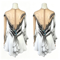 Costume de patinage artistique blanc et noir à motifs encre et strass, manches évasées, pour filles et adultes, performance de danse sur glace
