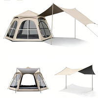 Tente beige entièrement automatique + tapis hexagonal imperméable + tapis de pique-nique, pour le camping en plein air, les voyages, 3-4 personnes, tente de protection solaire monocouche