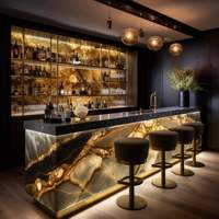 Barra de Bar de Mármol Iluminada Contemporánea de Primera Calidad con Detalles en Dorado, Muebles de Bar Ecológicos y Duraderos para Locales de Alta Gama