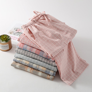 Pantalons en coton lavé en gros pour femmes, pantalons en coton teints en fil, pantalons décontractés à carreaux pour la maison, cordon <span class=keywords><strong>de</strong></span> serrage respirant - Product Image 2