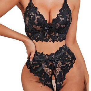 Fabricantes europeos y americanos de lencería sexy al por mayor, conjunto de tres o dos piezas de encaje transparente con abertura en la entrepierna. - Product Image 5
