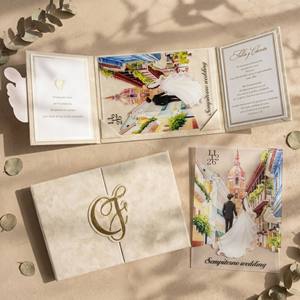 Invito Matrimoniale di Lusso in Camoscio con Foglia d'Oro Crema, Illustrazione ad Acquerello di Cartagena, Stampa Personalizzata su Vellum a Tre Pieghe - Product Image 1