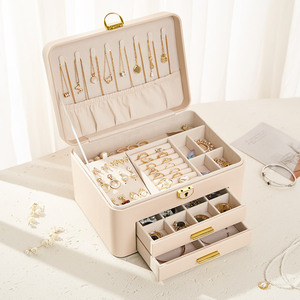 Boîte à bijoux élégante en cuir PU avec serrure à clé, 3 étages, grande capacité, organiseur de colliers et de bagues - Product Image 4