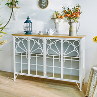 Buffet de rangement moderne INNOVA pour salle à manger et cuisine, avec cadre en métal blanc, dessus en bois et verre, durable, facile à assembler, pour la maison