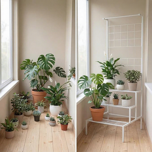Soporte moderno de metal para flores con rejilla colgante para exhibición de plantas en interiores y exteriores, con recubrimiento de polvo blanco y diseño minimalista. - Product Image 6