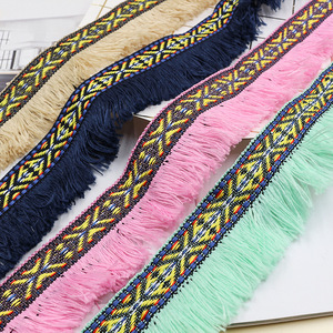 Dentelle tissée ethnique colorée à franges, motif géométrique jacquard avec <span class=keywords><strong>bordure</strong></span> à pompons pour robe, rideau et travaux manuels DIY - Product Image 1