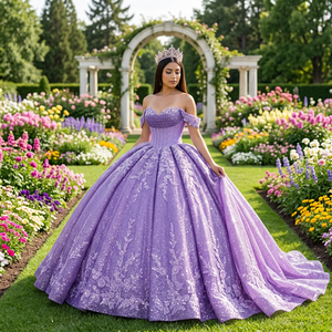 Robes de bal Quinceanera Dy6848 pour filles de 15 ans, robe de princesse scintillante en dentelle avec perles, jupe longue, corset et fleurs Jancember - Product Image 1