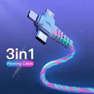 1M 2M Flow Luminous usb cable for iPhone 15 14 13 12 11 Pro 3 in 1 LED Light Up Cable USB Type C charger for Huawei Xiaomi