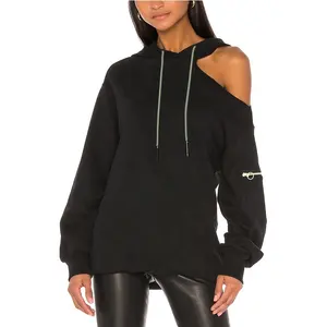 custom women & ladies 100% cotton black sexy cool streetwear french terry Hoodie shoulder cut-out and zipper pocket