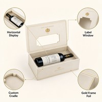 Boîte de présentation horizontale pour vin personnalisée, boîte rigide pour une seule bouteille, blanche ivoire avec cadre doré, fenêtre pour étiquette, emballage
