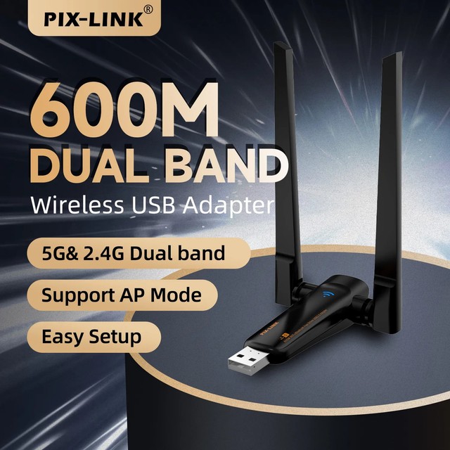 PIX-LINK Wireless AC600Mbps USB Network Dongle with 5dBi High Gain Dual Antennas Dual Band WiFi Adapter for Desktop PC