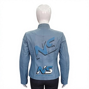 Women's Blue Real Leather Motorcycle <b>Jacket</b> Full Sleeve Stand Collar Zipper Closure Windproof PU Coated Solid Color 220g - Product Image 2