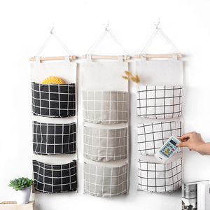 Wall Mounted Storage <b>Bag</b> With Three Pockets Cotton Linen Fabric <b>Punch</b> Free Home Decor Organizer White Black Gray - Product Image 1