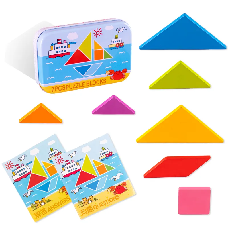 Rompecabezas de madera Tangram para niños, bloques, juguetes, caja de hierro