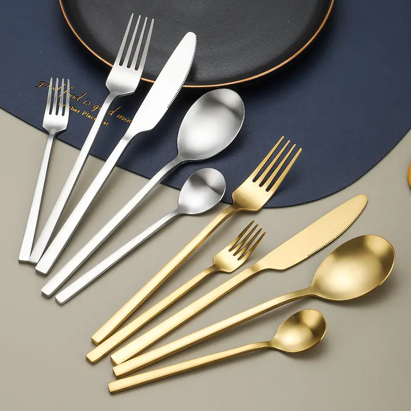 Restaurant Hotel Stainless Steel Cutlery Besteck Matte Golden Bulk Flatware Knife Spoon Forks Set Gold Silverware Set