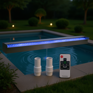 Fontaine cascade pour piscine en acier inoxydable 35,4 po x 4,5 po x 3,1 po avec bande lumineuse LED, design contemporain pour jardin extérieur - Product Image 2