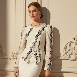 ZYHT 11720 Blusa Casual in Pizzo Floreale Bianco con Ricamo Nero e Bordo di Perle, <span class=keywords><strong>Elegante</strong></span> Giacca con Maniche Lunghe a Sbuffo - Product Image 3