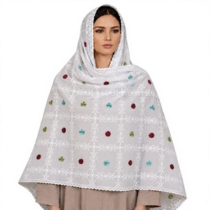Wholesale Cotton Voile <b>Shawl</b> White Scroll Embroidered Contrast Floral Accent Breathable OEM ODM Custom - Product Image 1