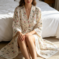 Robe Kimono en Coton et Lin Imprimée Respirante pour Femme – Vêtement de Nuit et de Détente pour la Maison, le Spa, les Voyages – Personnalisation du Logo