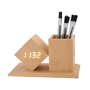 Horloge numérique en bois électronique, LEDClocks LED réveil en bois montre Table commande vocale numérique en bois réveil/