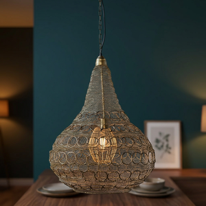 Luminaire suspendu en laiton industriel, grand design en maille métallique, lampe de plafond LED blanc chaud pour salon - Product Image 2