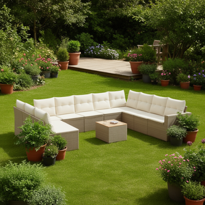 Ensemble de canapés de jardin beige 11 pièces en osier contemporain résistant aux intempéries pour l'extérieur - Product Image 2