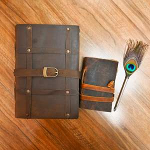 Custom Logo Printed Embossed Genuine Leather Journal Diary Hardcover Design Deckle Edge <b>Thread</b> <b>Sewing</b> Binding Leather Belt Strap - Product Image 5