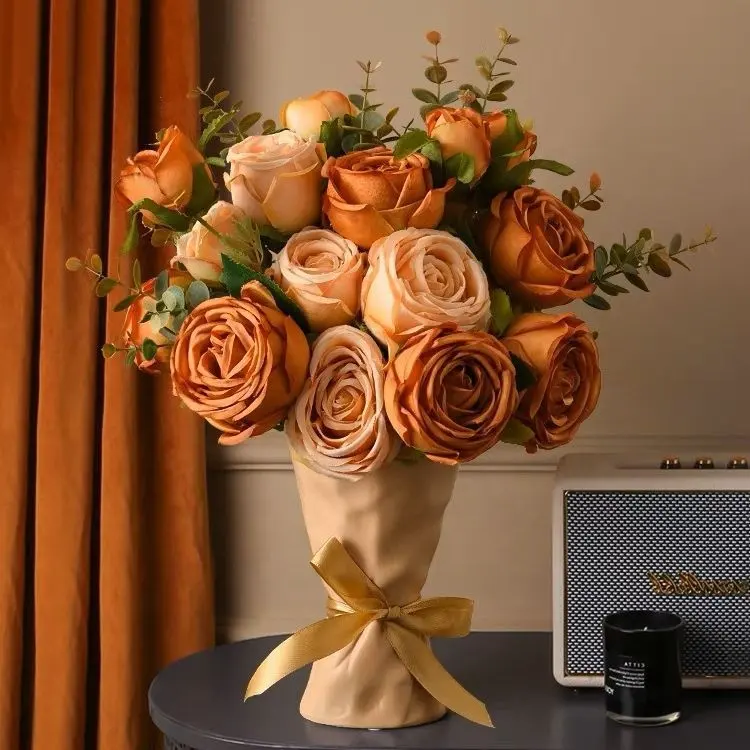 KEWEI 963 kualitas baik Faux cabang mawar sutra Burnt oranye 3 kepala putri bunga mawar pemasok pernikahan