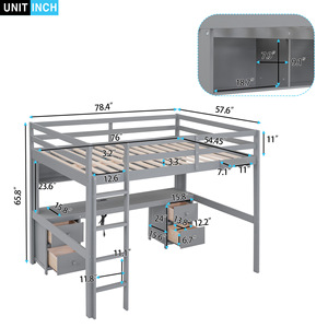 Lit mezzanine gris avec bureau et tiroirs, rangement multifonctionnel pour enfants, adultes et personnes âgées - Product Image 3