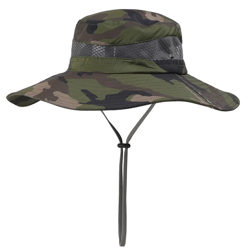 Men's Camouflage Camping Travel Sunscreen Fisher Cap Adjustable Size Summer Mesh Breathable Hiking Hat Fishing Bucket Hat