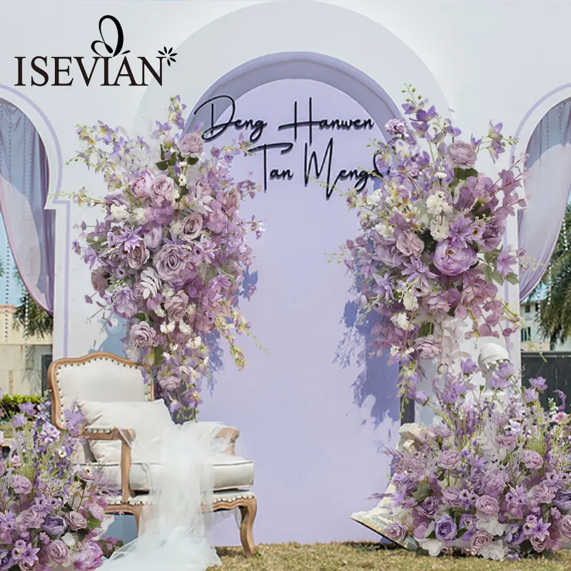 ISEVIAN Purple Artificial Flowers Arrangement Backdrop Road Lead Decoration for Outdoor Wedding Event