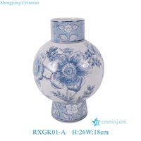 RXGK01-A Vase sphérique bleu et blanc à col droit avec pied haut et motif de feuilles florales, Artisanat en porcelaine chinoise
