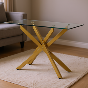 Modern <b>Rectangle</b> Tempered Glass Top <b>Coffee</b> <b>Table</b> Golden Iron Cross-Legs Adjustable Anti-slip Pads Console <b>Table</b> - Product Image 2