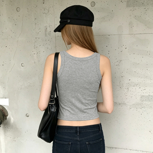Top Corto Minimalista con Botones Decorativos y Cuello Redondo, Estilo Urbano Versátil, Chaleco sin Mangas de Punto Acanalado - Product Image 5