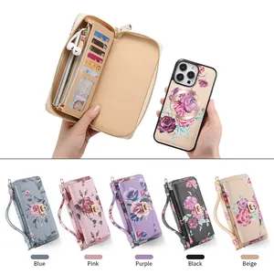 Fashion Flowers Painted RFID POLA Wallet Large Capacity For iPhone 15 14 for Samsung Cosmetic Bag Phone Cases With Mirror