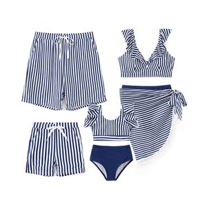 Maillots de bain de luxe à rayures personnalisés avec logo 2024, MOQ 50, ensemble de 6 pièces assorties pour la famille, bikini, vêtements de plage pour femmes - Product Image 1